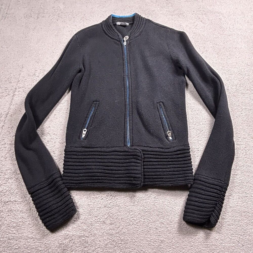 A|X Armani Exchange Zip Cardigan Women S Black Ribbed Knit Moto Y2K Minimalist